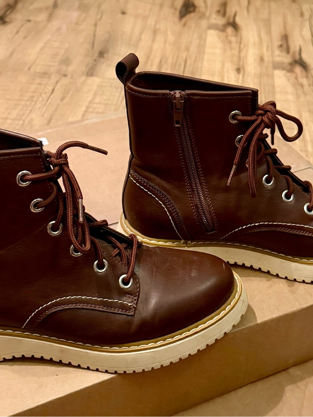 Madden Girl Brown Leather Lace-Up Chukka Boots with Cream Sole and side zipper